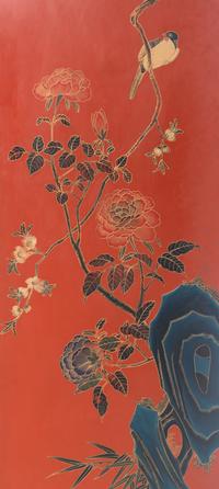 A Chinese Painted and Red Lacquered Four-Panel Floor Screen