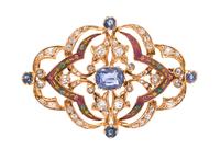 An Antique Yellow Gold, Sapphire, Diamond and Polychrome Enamel Brooch,