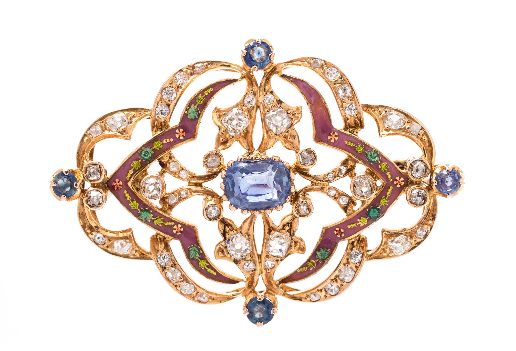 An Antique Yellow Gold, Sapphire, Diamond and Polychrome Enamel Brooch,