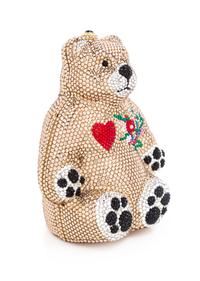 A Kathrine Baumann Gold Crystal Bear Minaudiere, 6" H x 5" W x 3" D.