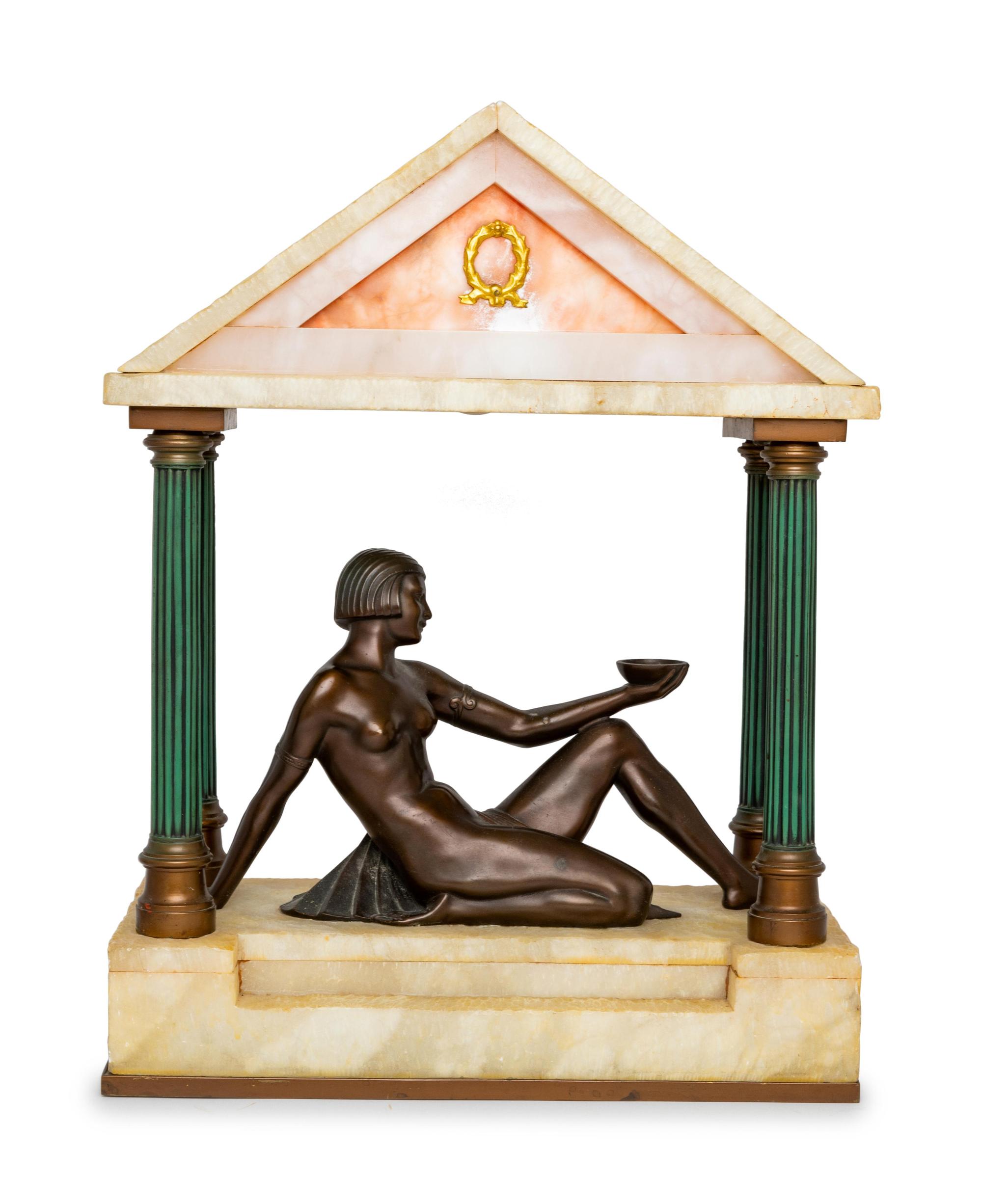 An Art Deco Style Bronze and Alabaster Figural Lamp
