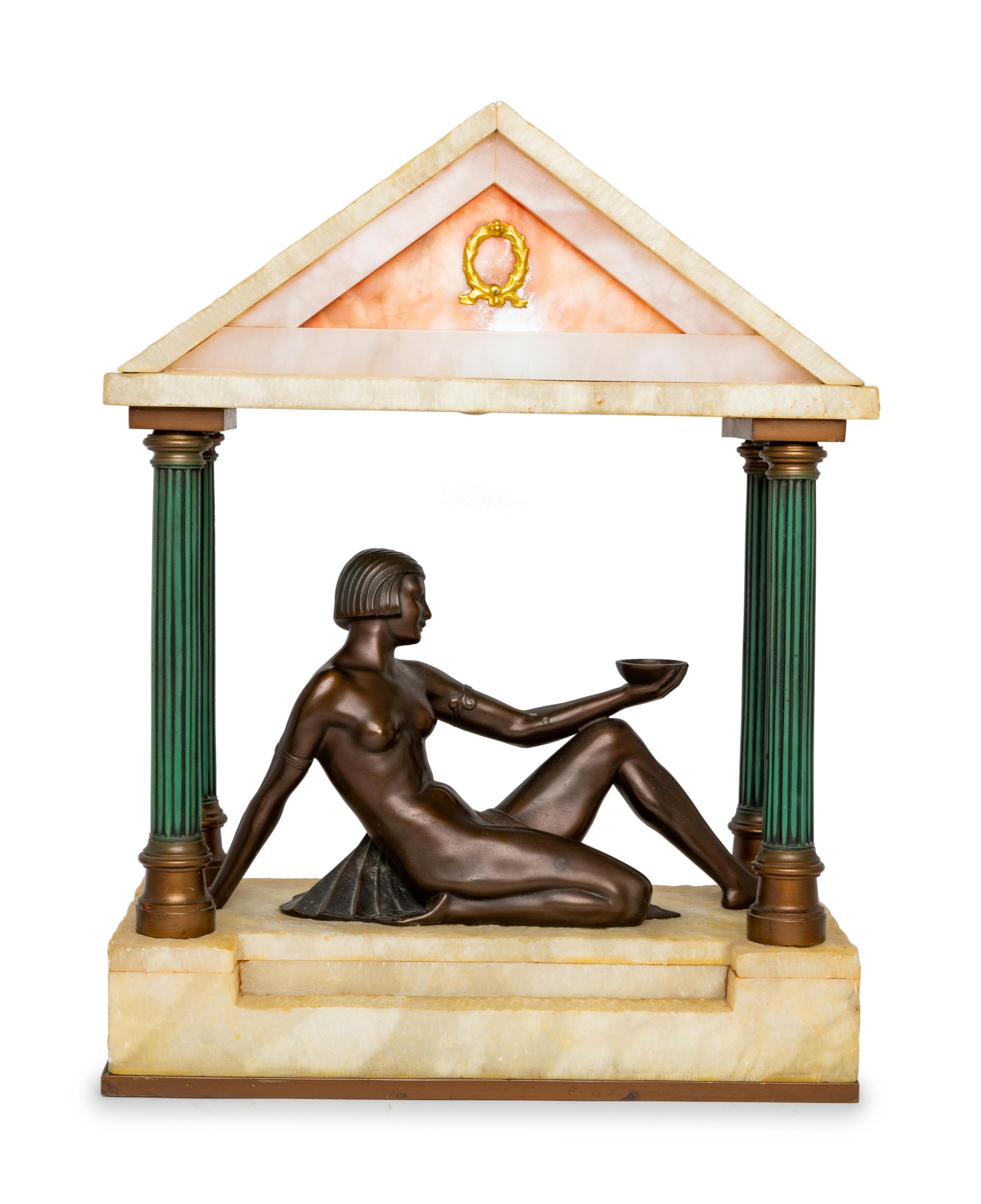 An Art Deco Style Bronze and Alabaster Figural Lamp
