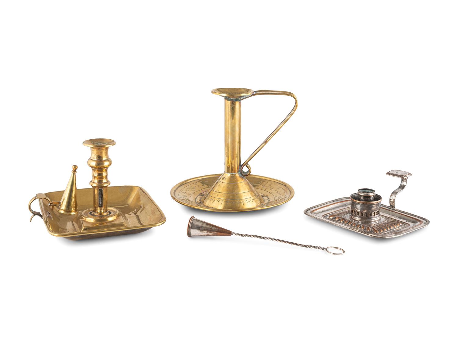 Three English Chambersticks, Brass and Silverplate
