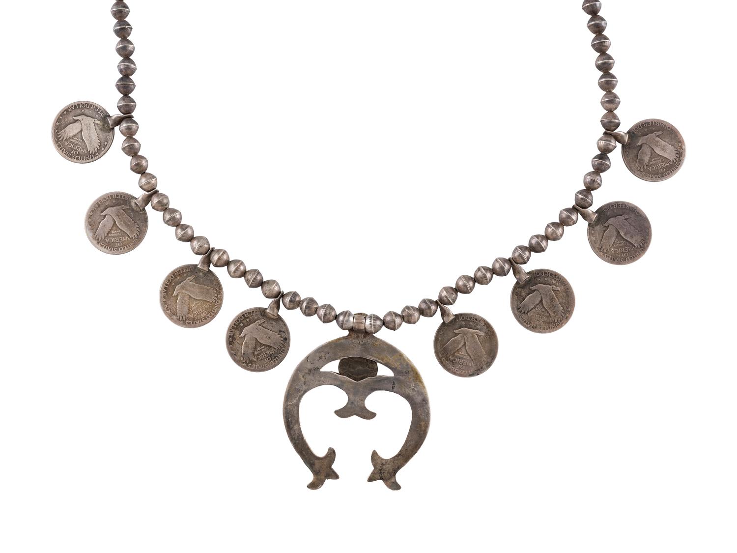 Navajo Silver, Coin, and Turquoise Squash Blossom Necklace