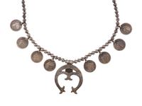 Navajo Silver, Coin, and Turquoise Squash Blossom Necklace