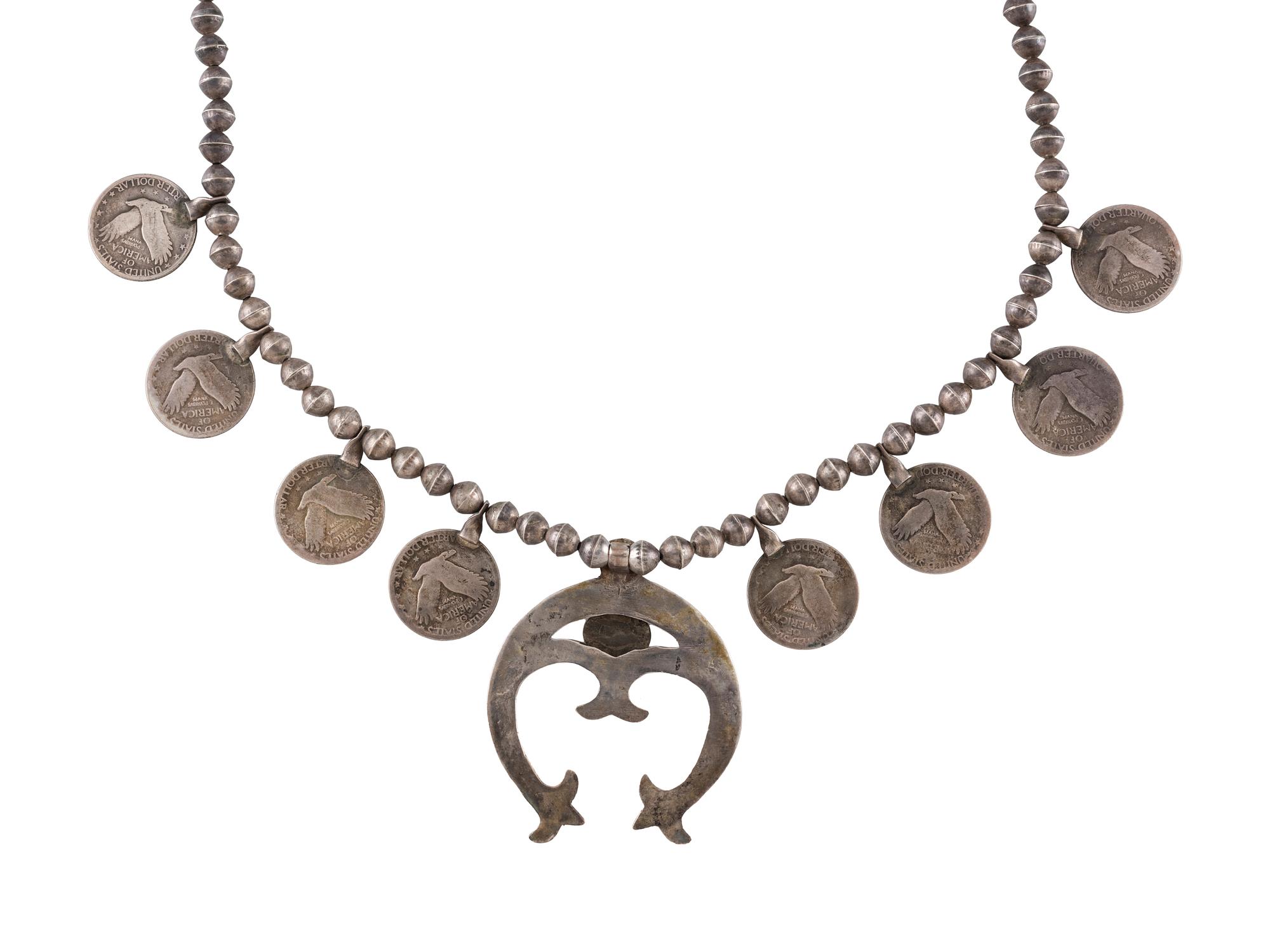 Navajo Silver, Coin, and Turquoise Squash Blossom Necklace