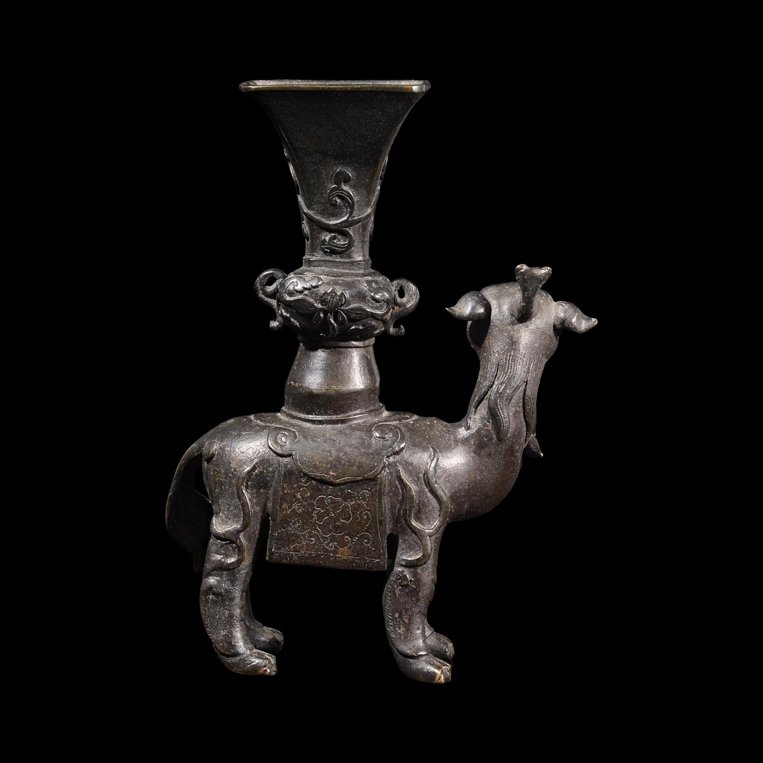 A Chinese Patinated Bronze Mythical Beast Vase, Ming Dynasty 明 銅瑞獸香著瓶