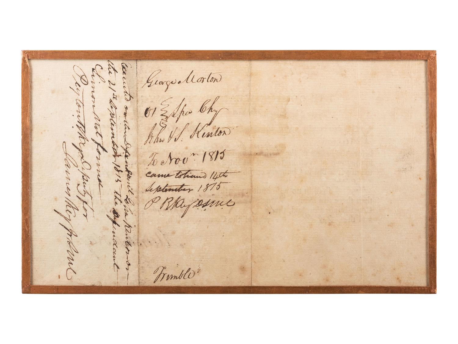 [KENTON, Simon (1755-1836)]. Arrest warrant issued in the Commonwealth of Kentucky for Simon and John Kenton, signed by Marshall Key, [Washington, KY], 13 September 1815.