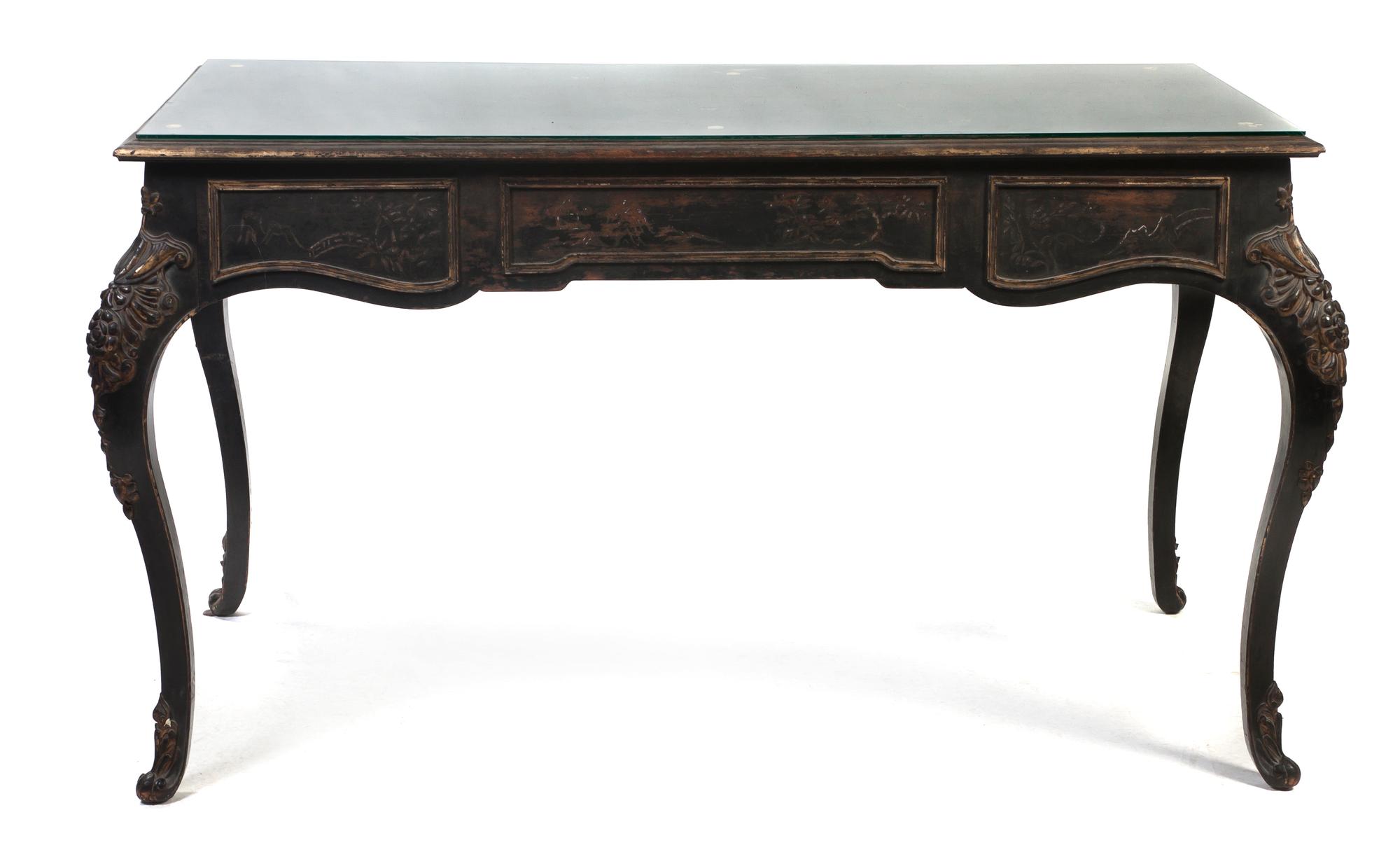 A Louis XV Style Painted and Parcel Gilt Bureau Plat, Height 31 x width 54 x depth 26 inches.
