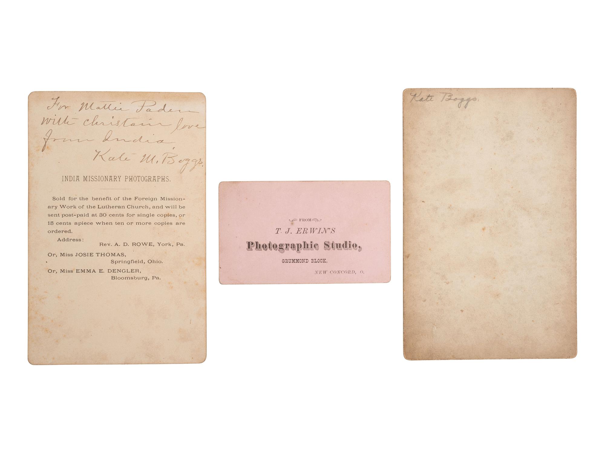 [EARLY PHOTOGRAHY]. 3 images of Miss Kate M. Boggs, first Lutheran foreign female missionary.