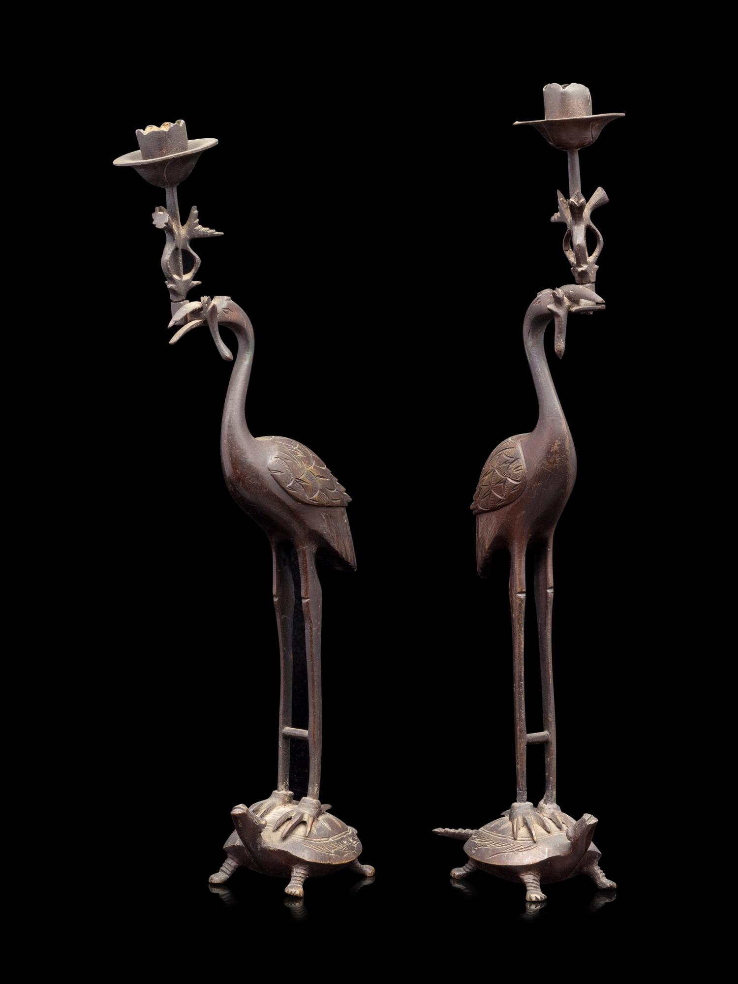 A Japanese Bronze Incense Burner and A Pair of Crane-Form Candle Holders