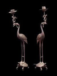 A Japanese Bronze Incense Burner and A Pair of Crane-Form Candle Holders