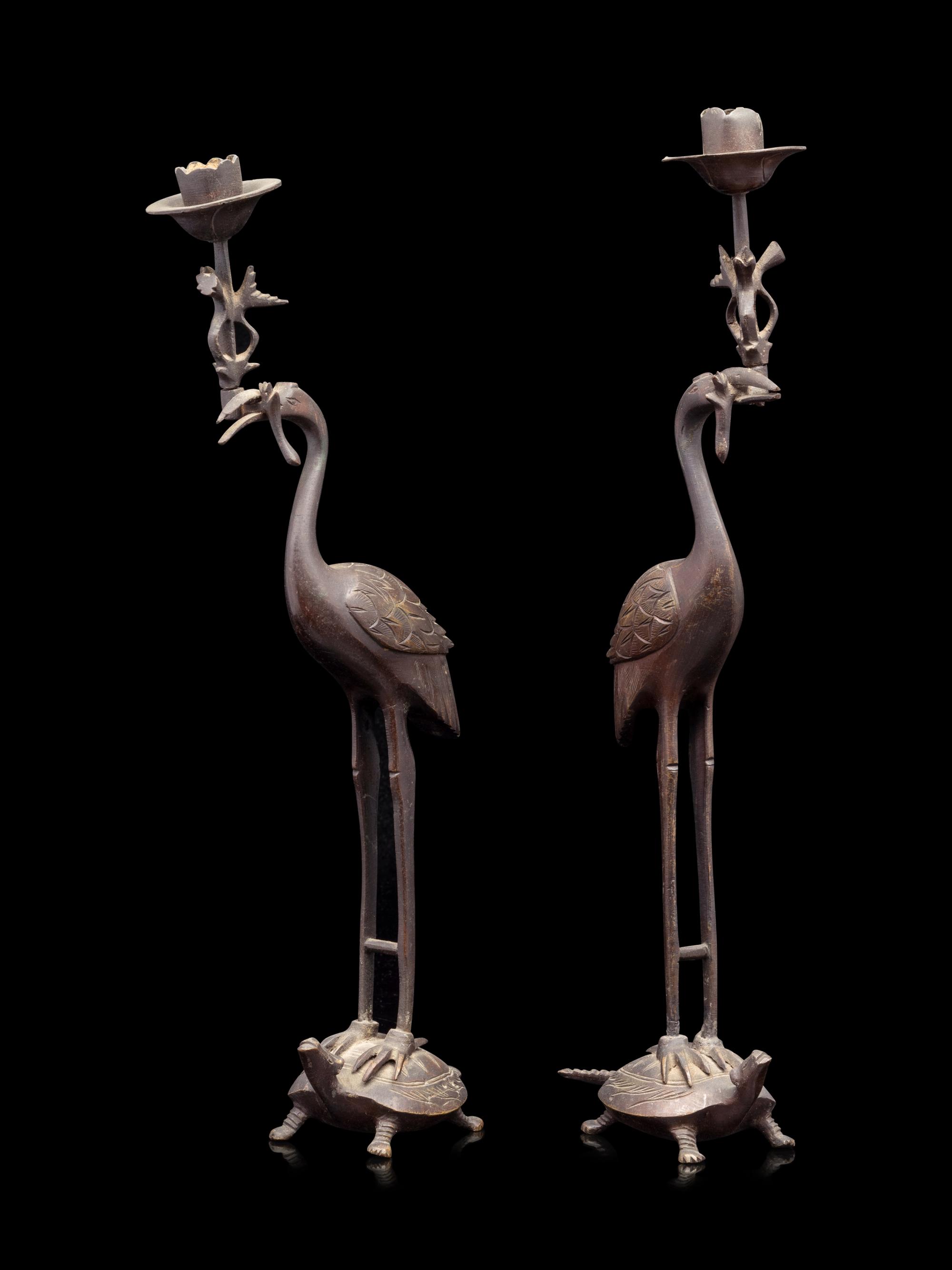 A Japanese Bronze Incense Burner and A Pair of Crane-Form Candle Holders
