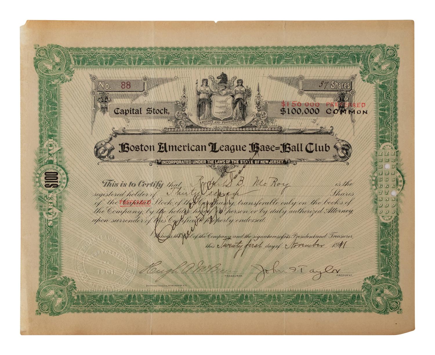 An Original 1911 Boston Red Sox Stock Certificate,
