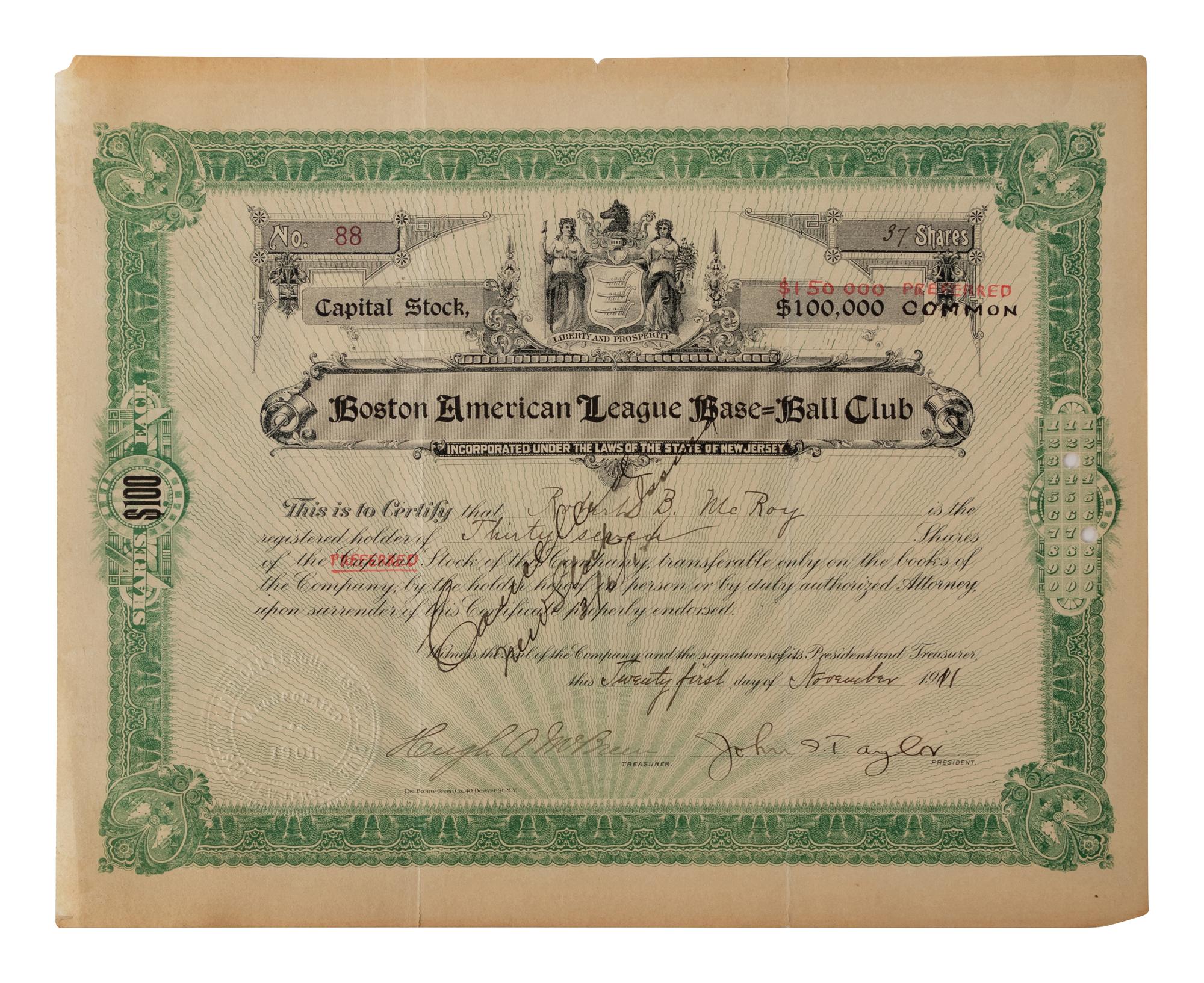 An Original 1911 Boston Red Sox Stock Certificate,
