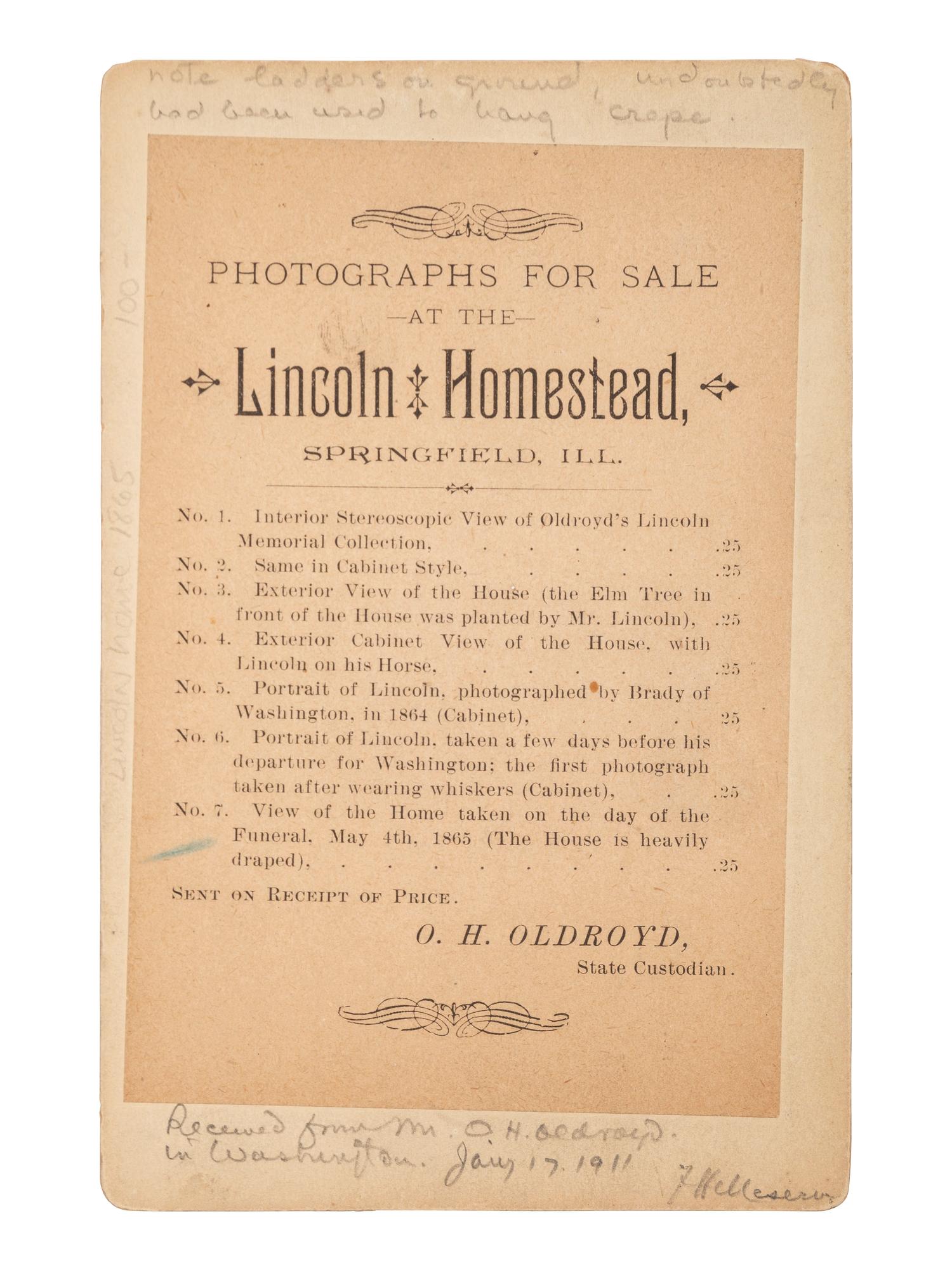 [LINCOLN, Abraham (1809-1865)]. Cabinet card of Lincoln's Springfield, IL, home, originally taken on the day of the funeral.