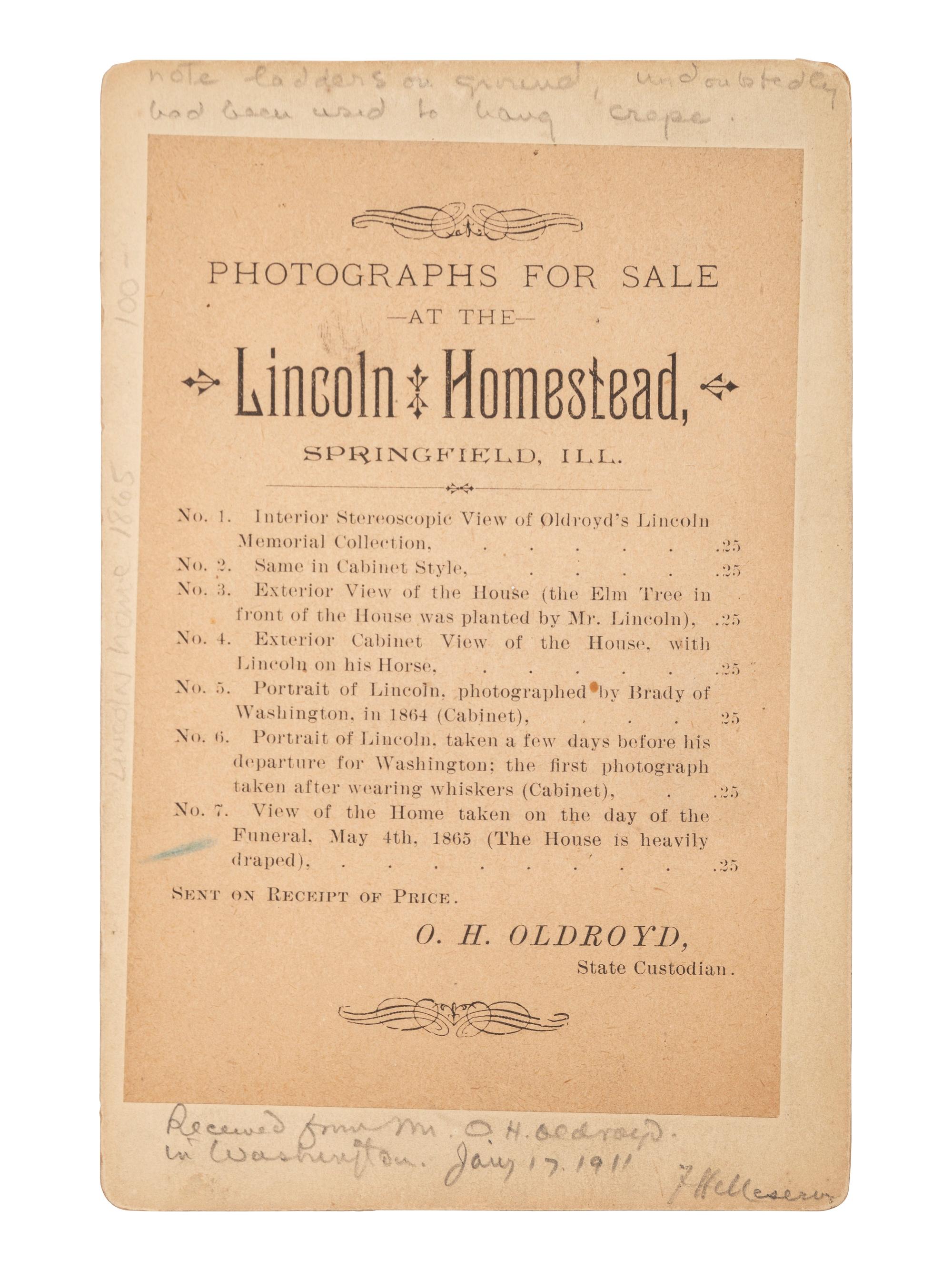 [LINCOLN, Abraham (1809-1865)]. Cabinet card of Lincoln's Springfield, IL, home, originally taken on the day of the funeral.
