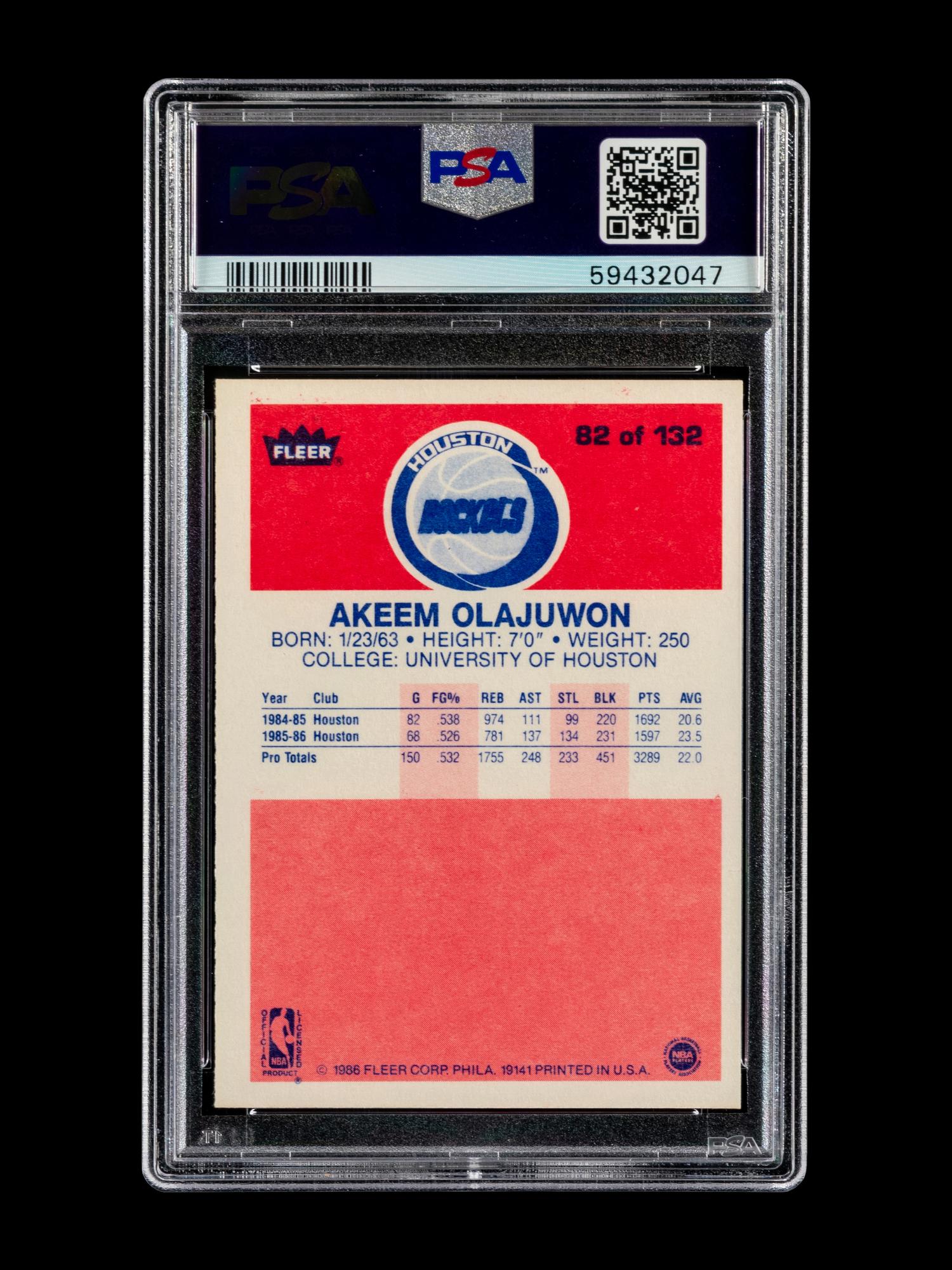 A 1986 Fleer Akeem Olajuwon Rookie Basketball Card No. 82 (PSA 9 MINT)