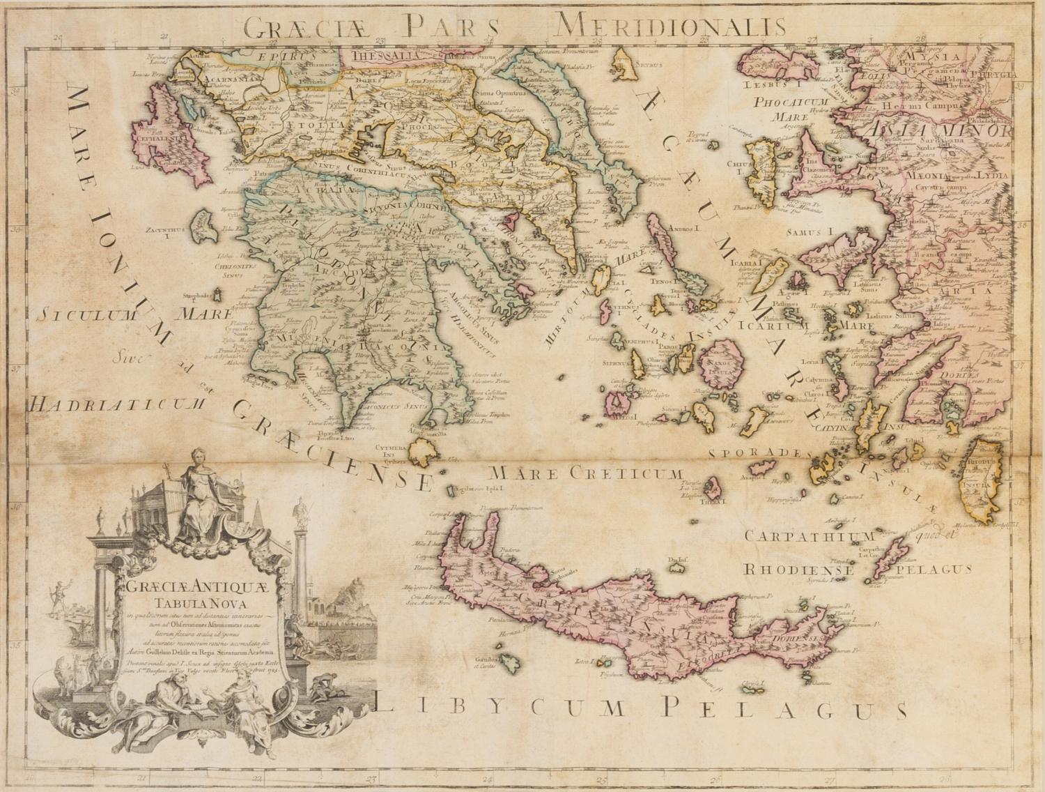 (MAP) DE L'ISLE, GUILLELME. Graeciae Antiquae Tabula Nova. London, 1725. Double-page hand-colored engraved map.