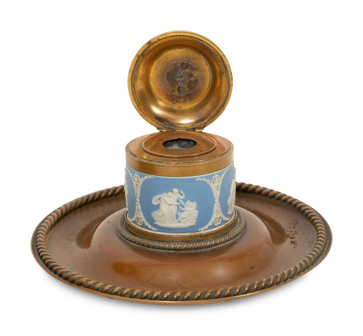 A Wedgwood Jasperware Mounted Brass and Wooden Bookend and Inkwell