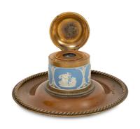 A Wedgwood Jasperware Mounted Brass and Wooden Bookend and Inkwell