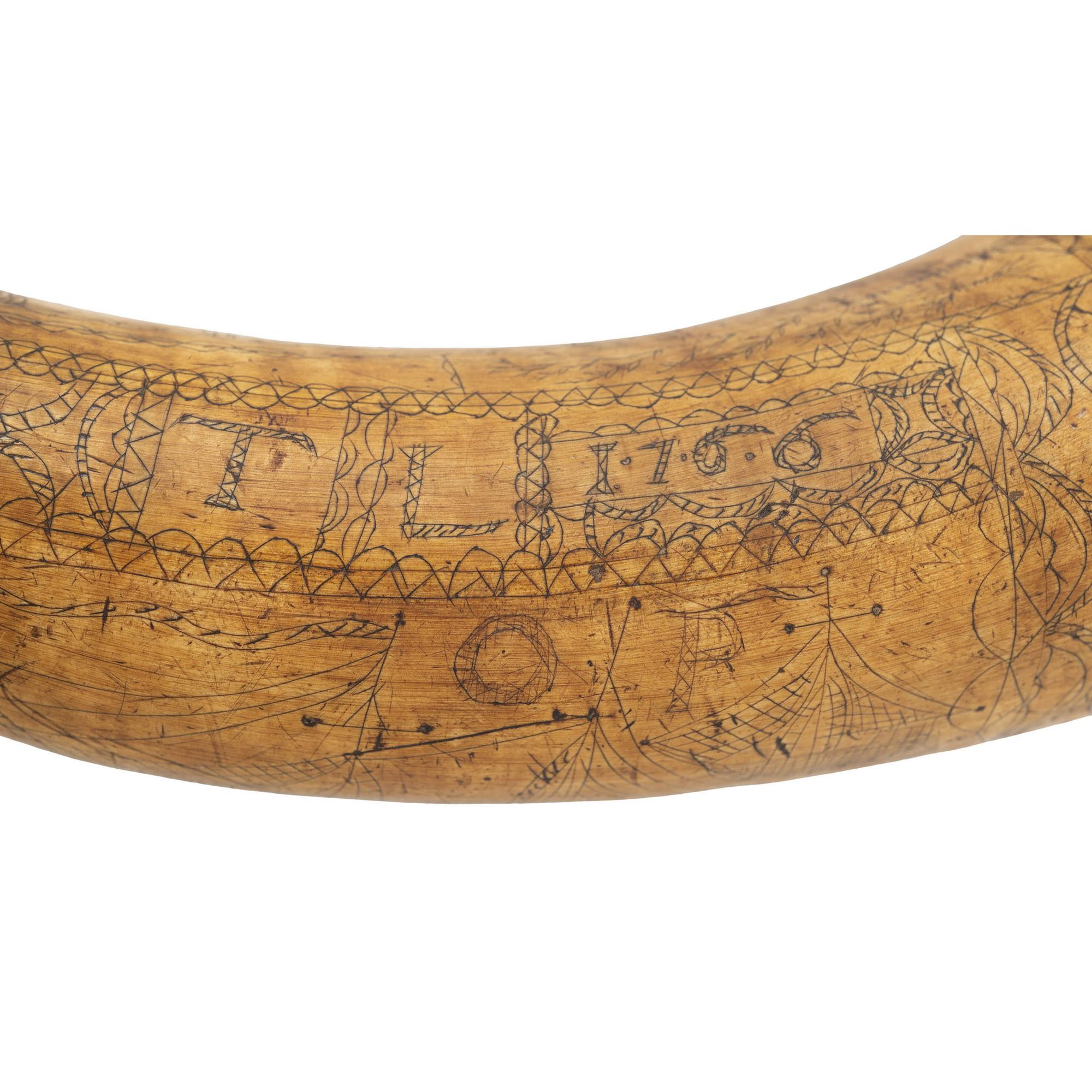Carved Maritime Theme Powder Horn Dated 1766