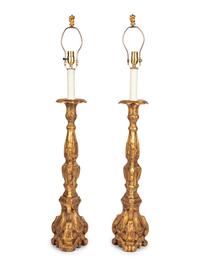 A Pair of Italian Giltwood Prickets Mounted as Lamps