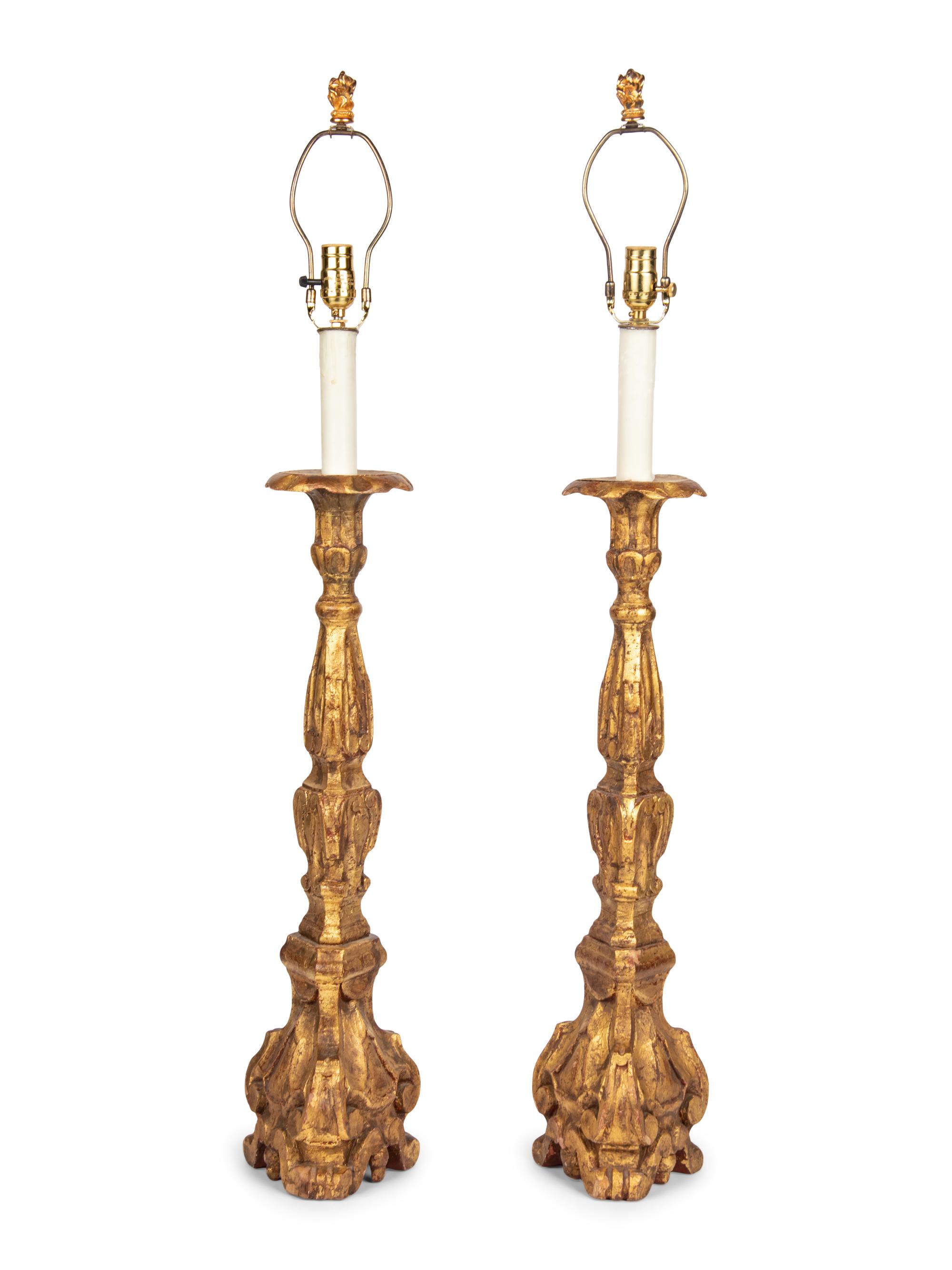 A Pair of Italian Giltwood Prickets Mounted as Lamps