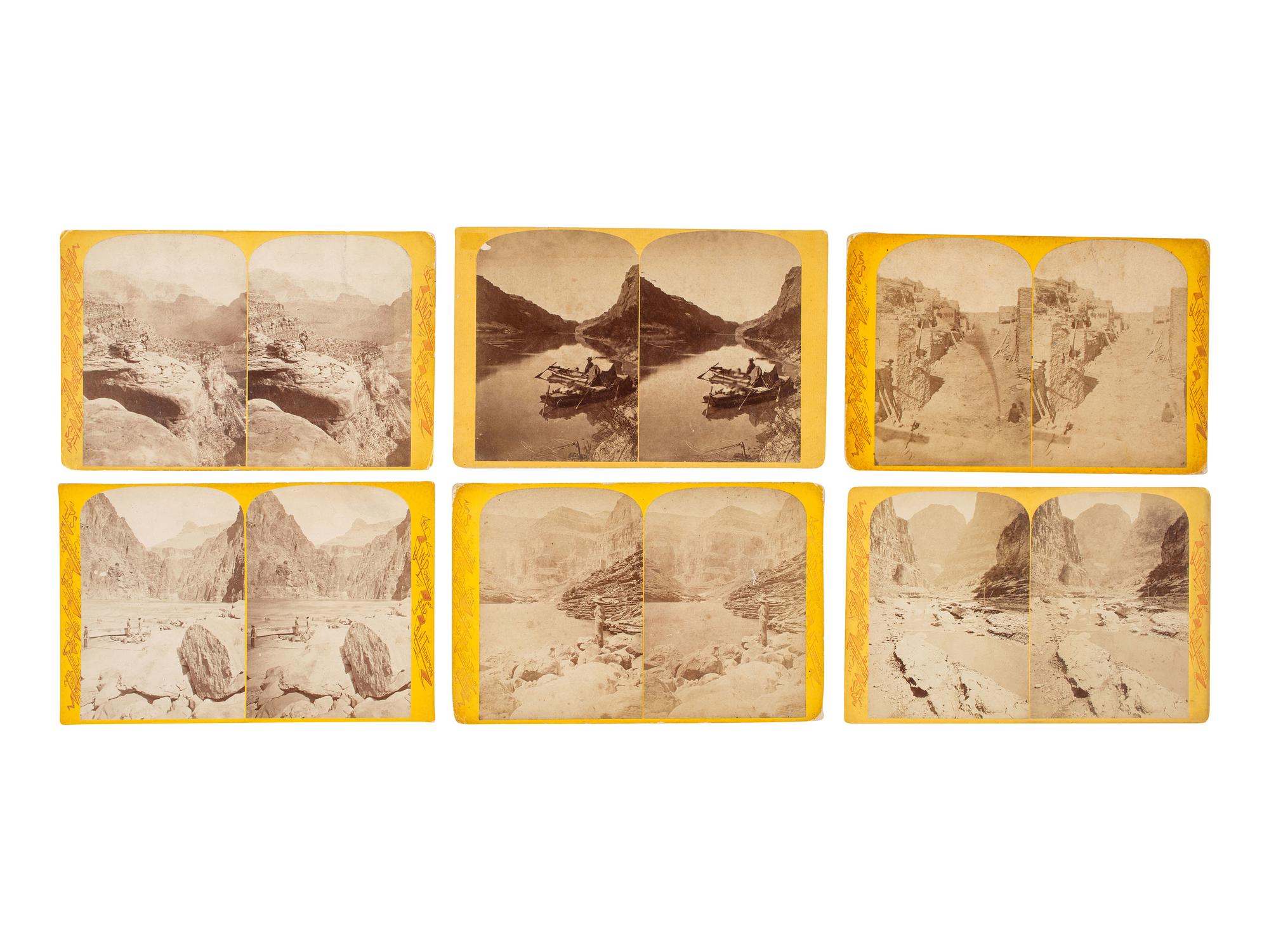 [WESTERN AMERICANA]. HILLERS, John K., and FENNIMORE, J., photographers. A group of 23 Powell & Thompson stereoviews of the Grand Canyon region, featuring images of crew members, boats, and the photographer's dark tent.