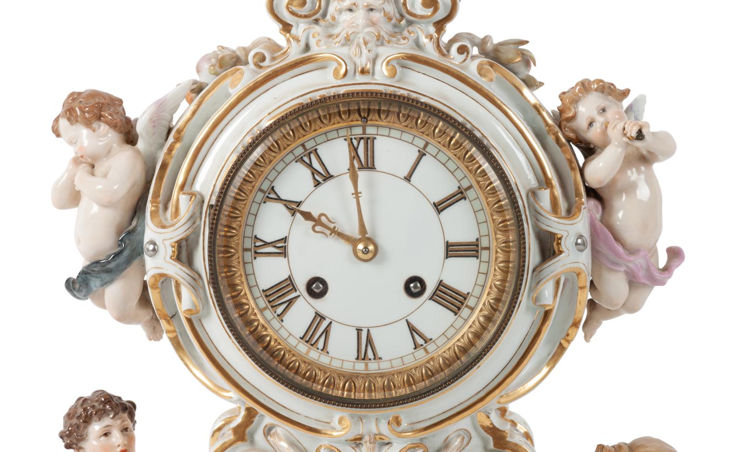 A Meissen Porcelain Figural Mantle Clock