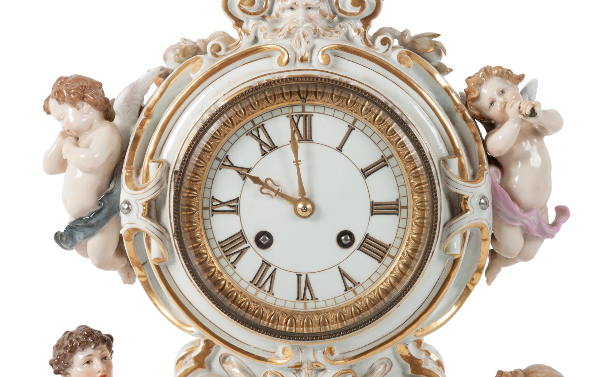 A Meissen Porcelain Figural Mantle Clock