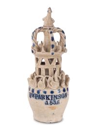 A Pair of Cobalt Decorated Stoneware Puzzle Banks