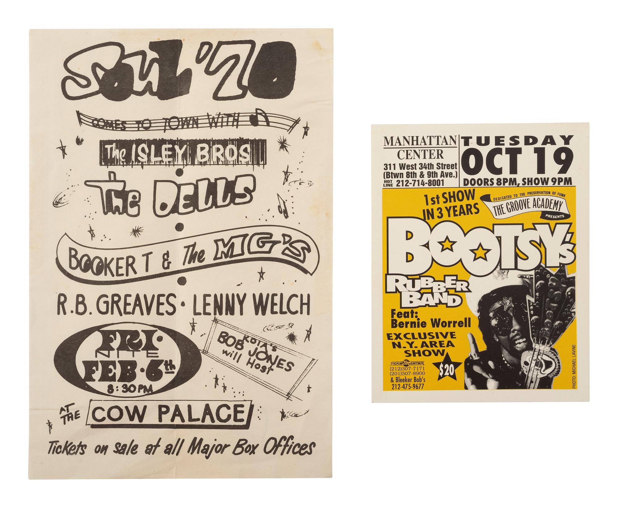 [MUSIC]. 2 advertisements for African American funk and soul bands incl. the Isley Brothers and Booker T & the MG's at the Cow Palace.