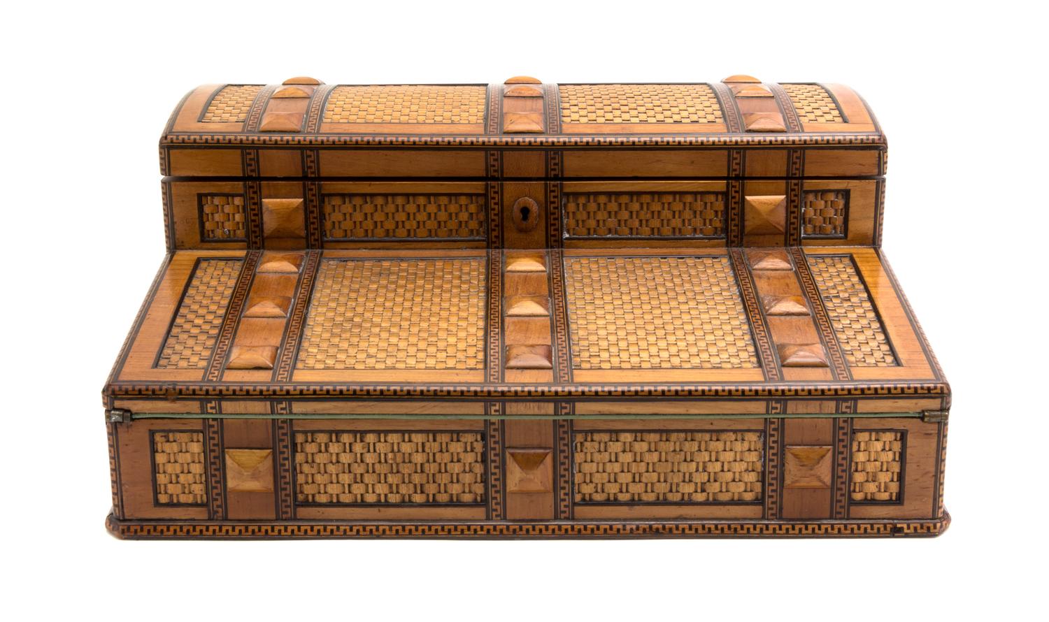 An English Various Woods Inlaid Lap Desk, Width 14 3/4 inches.