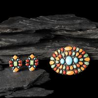 Don Lucas (American, 20th century) — Southwestern-style Sterling Silver and Cluster Inlay Hair Barrettes and Post Earrings