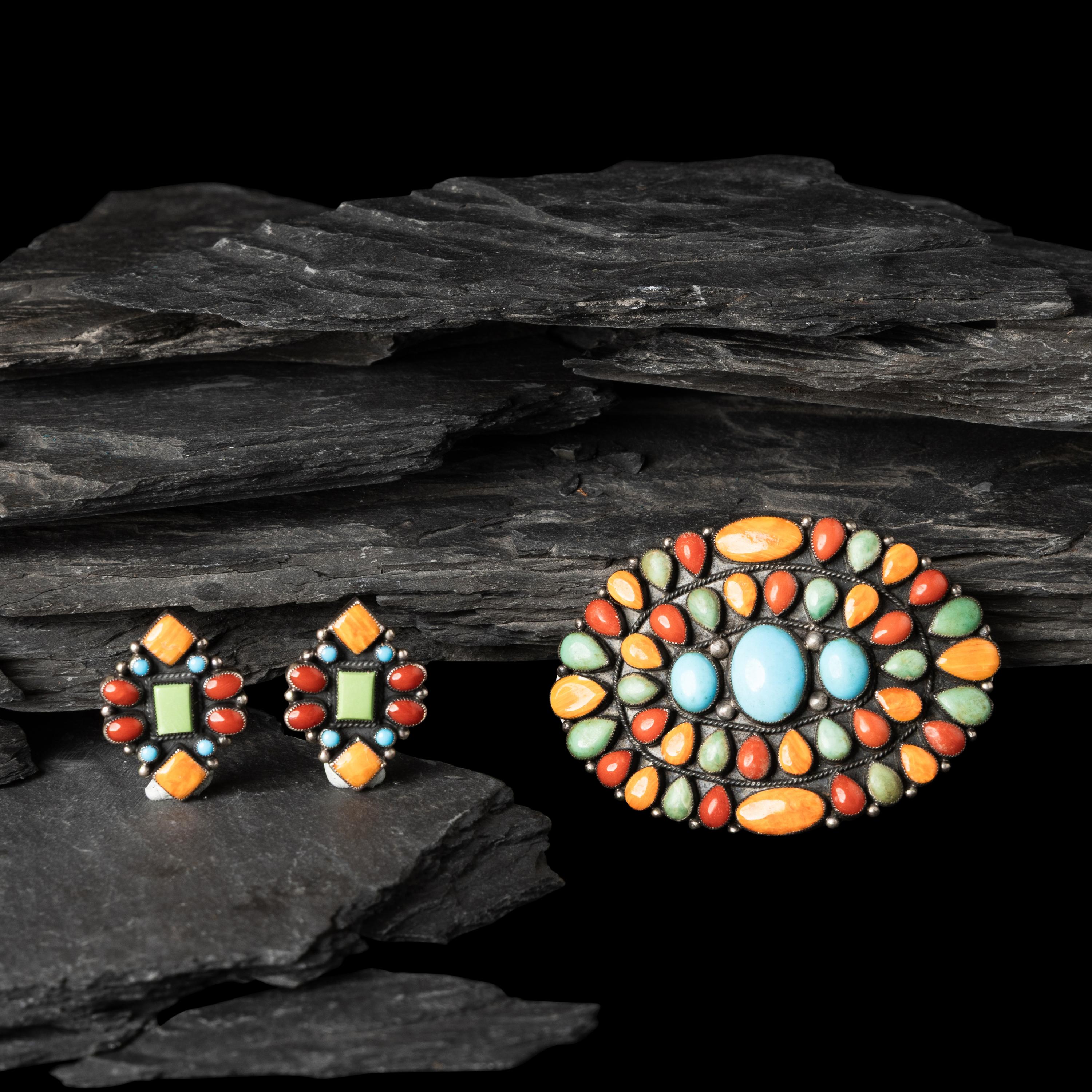 Don Lucas (American, 20th century) — Southwestern-style Sterling Silver and Cluster Inlay Hair Barrettes and Post Earrings