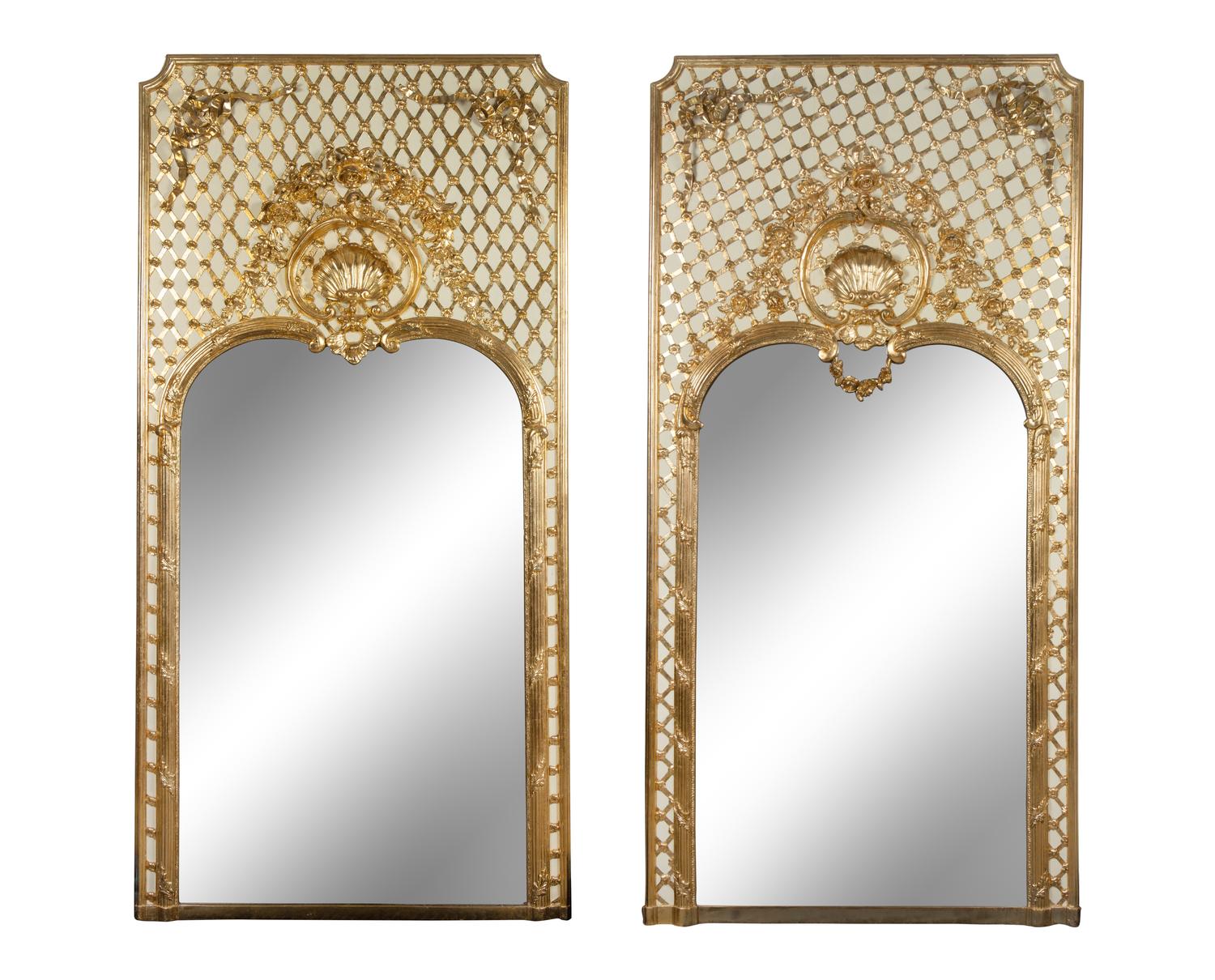 A Pair of French Painted and Parcel Gilt Trumeau Mirrors