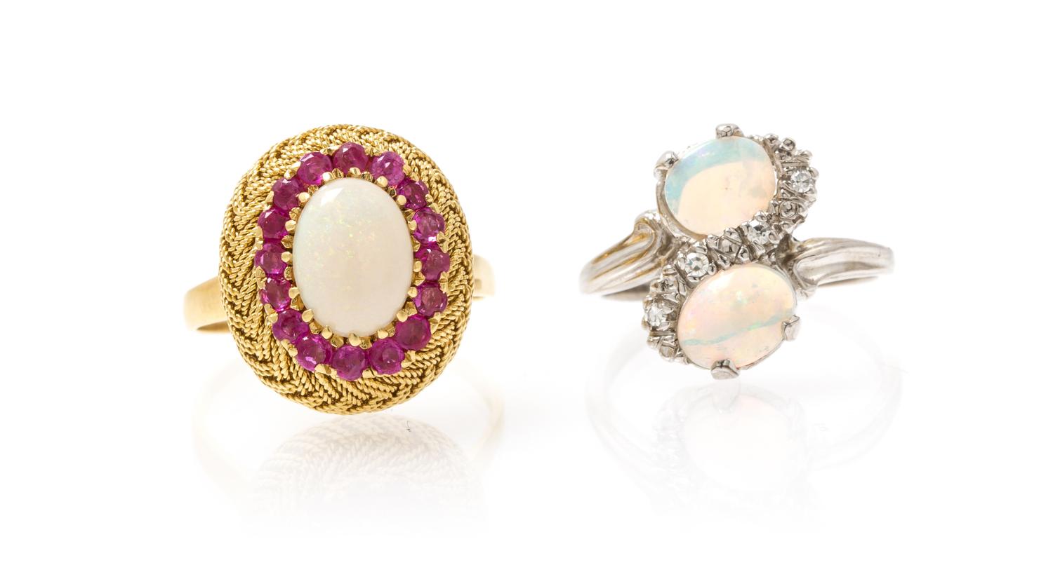 A Pair of Gold, Opal, Diamond and Ruby Rings, 6.90 dwts.