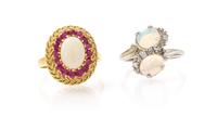 A Pair of Gold, Opal, Diamond and Ruby Rings, 6.90 dwts.