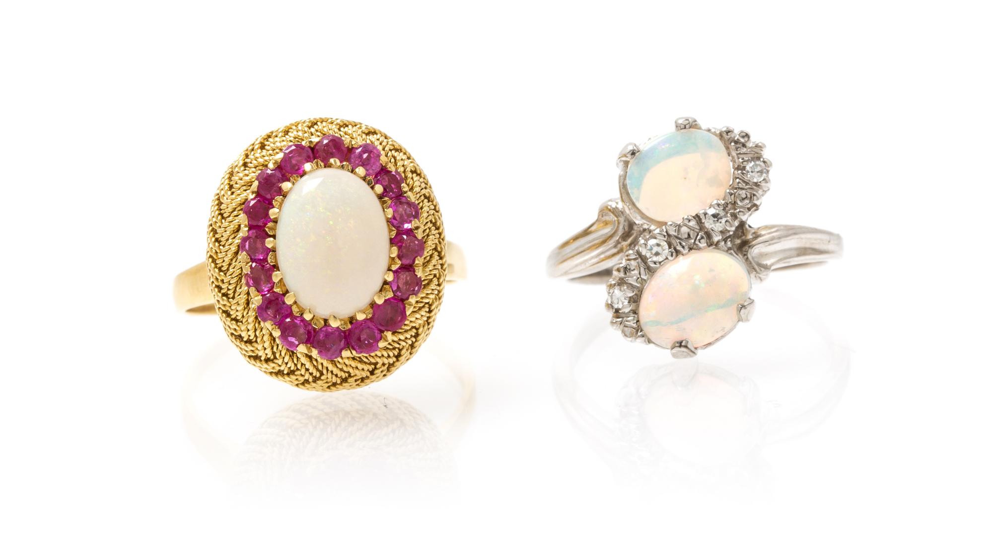 A Pair of Gold, Opal, Diamond and Ruby Rings, 6.90 dwts.