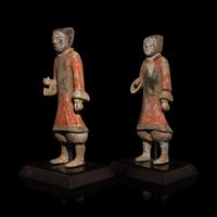 A Pair of Chinese Painted Grey Pottery Standing Figures of Soldiers, Han Dynasty — 漢 彩繪步兵陶俑兩件