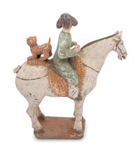 A Chinese Painted Pottery Figure of an Equestrienne with a Leopard