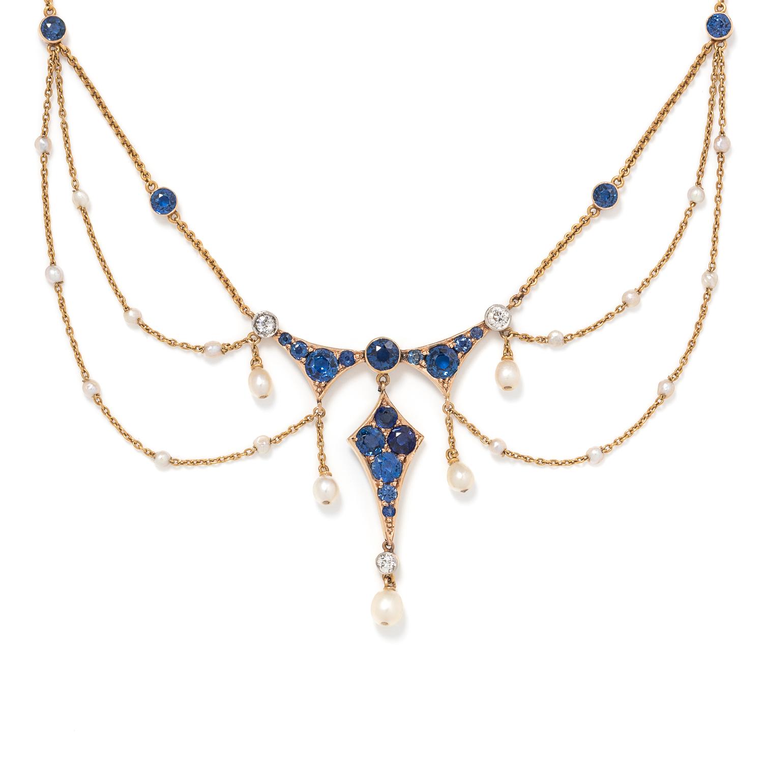 ART NOUVEAU, MONTANA SAPPHIRE, DIAMOND AND PEARL NECKLACE