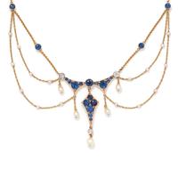 ART NOUVEAU, MONTANA SAPPHIRE, DIAMOND AND PEARL NECKLACE