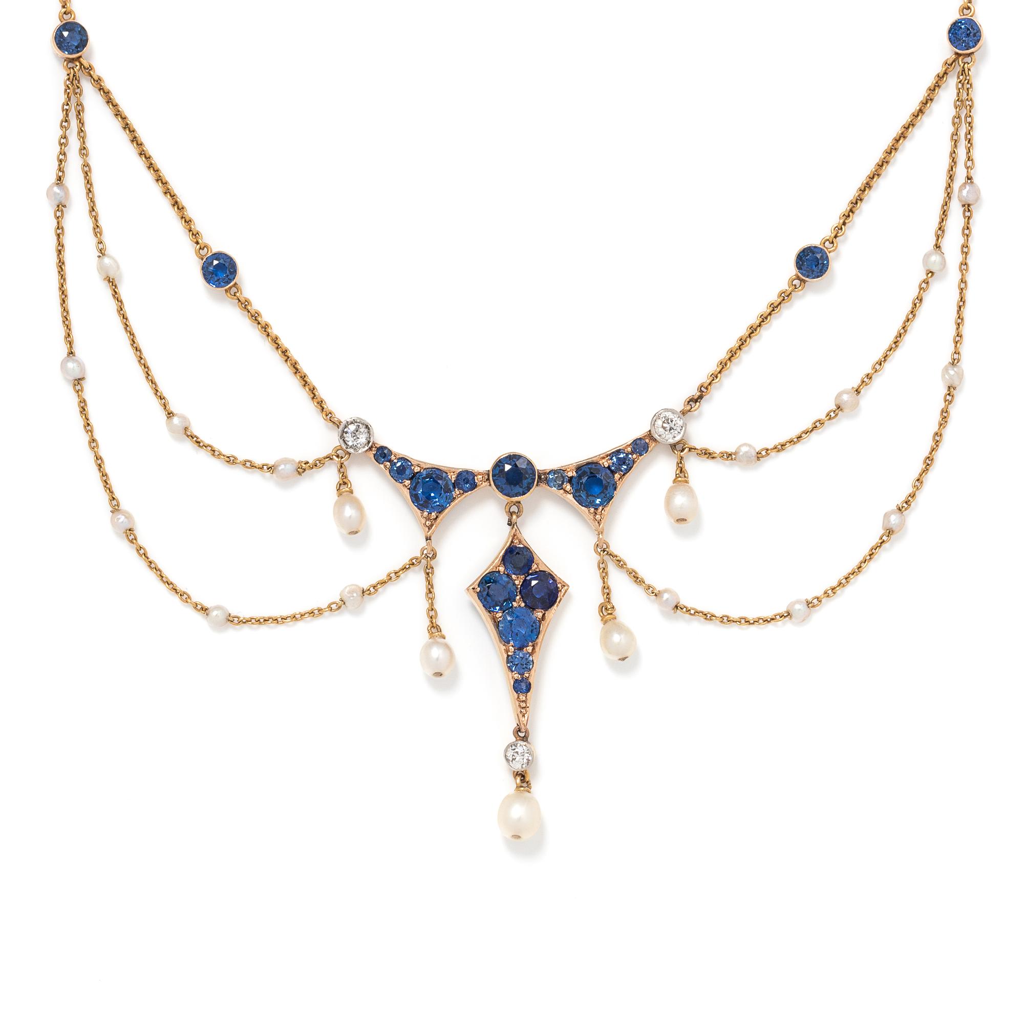 ART NOUVEAU, MONTANA SAPPHIRE, DIAMOND AND PEARL NECKLACE