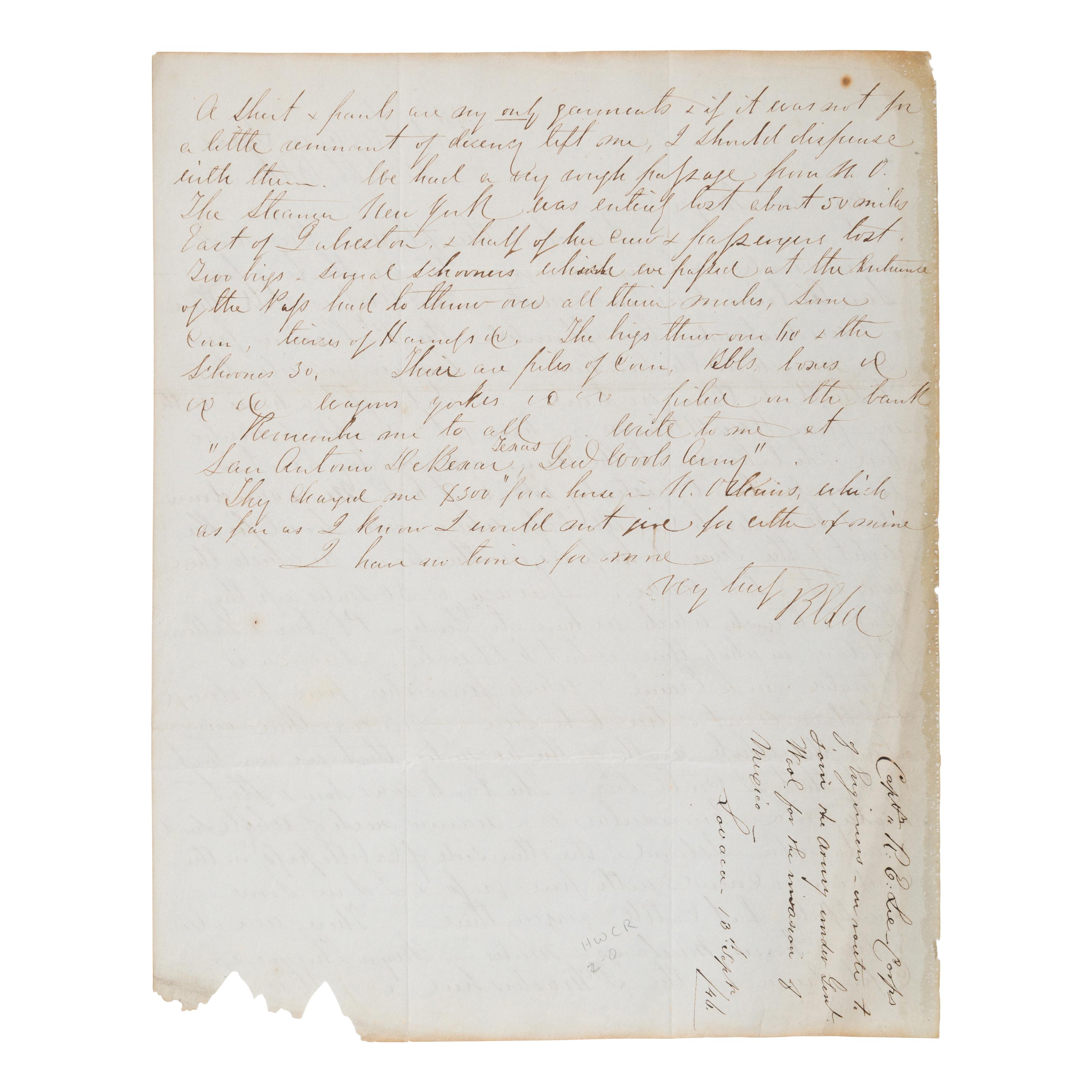 Lee, Robert E. (1807-1870). Autograph letter signed ("R.E. Lee"), presumably to Major William O. Butler ("My dear Major"), Port La Vaca, Texas, 13 September 1846.