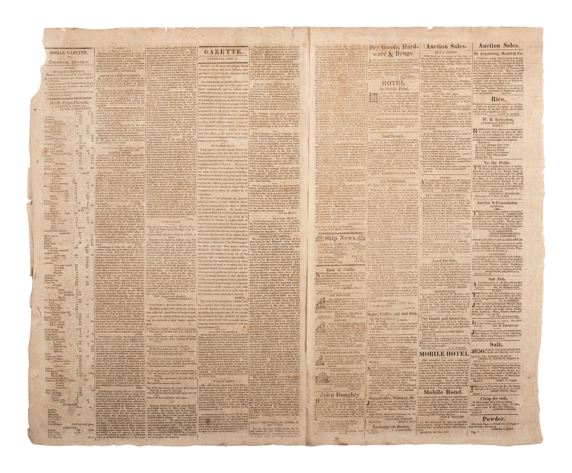 [ALABAMA - ENSLAVEMENT]. Mobile Gazette and Commercial Advertiser . 1820 issue incl. ads for enslaved.