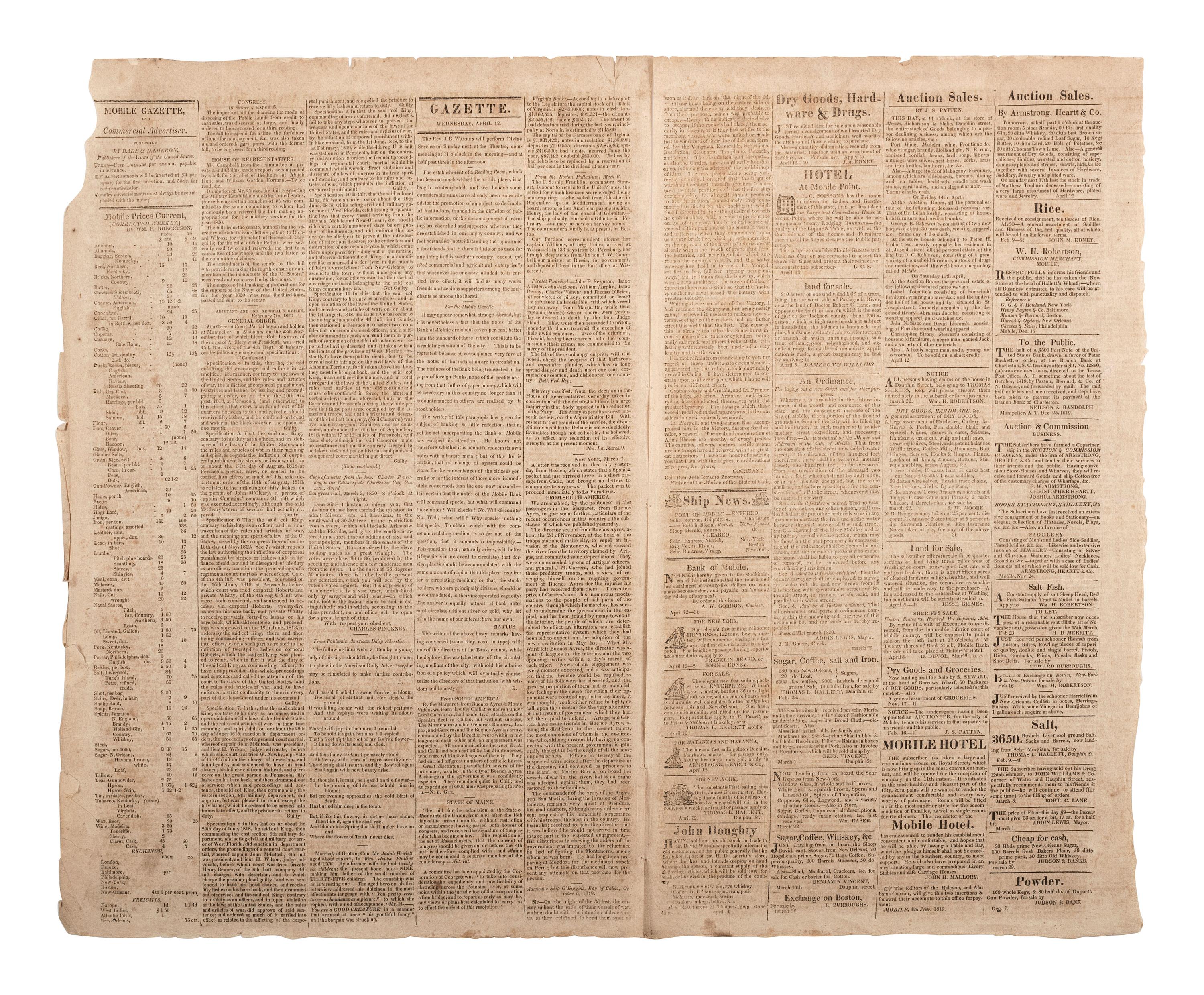 [ALABAMA - ENSLAVEMENT]. Mobile Gazette and Commercial Advertiser . 1820 issue incl. ads for enslaved.