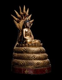A Large Thait Gilt and Red Lacquered Wood Figure of Buddha