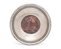 A Sterling Silver Dish Inset with Commemorative Charles III Gem-Set Bronze Medallion